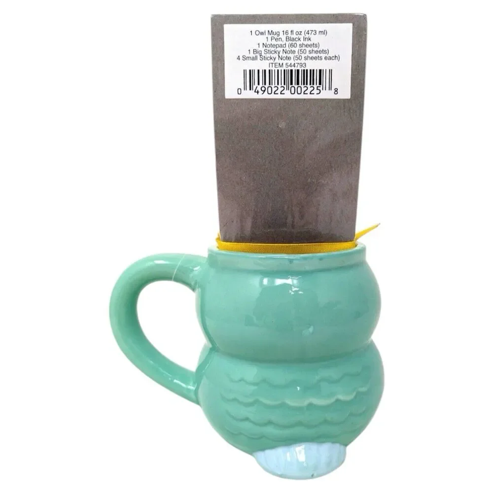 OWL Modern Expressions Green/Blue 3D Mug Cup 16 oz STATIONERY Notes Pen Set NEW